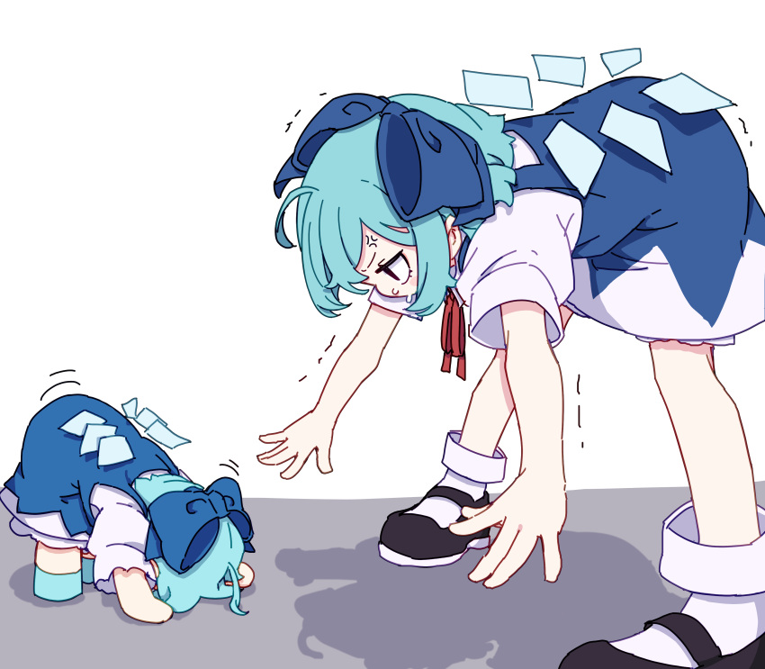 2girls absurdres anger_vein black_footwear bloomers blue_bow blue_dress blue_hair blush_stickers bow cirno dress fairy fumo_(doll) hair_bow highres ice ice_wings kame_(kamepan44231) multiple_girls shirt shoes short_hair short_sleeves simple_background socks stretching touhou white_background white_bloomers white_shirt white_socks wings
