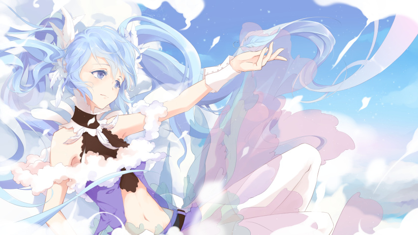 1girl belt black_belt blue_eyes blue_hair bzerox chinese_commentary closed_mouth cloud day feathers hatsune_miku highres jacket long_hair midriff navel outstretched_arm purple_jacket purple_skirt skirt sky solo twintails very_long_hair vocaloid white_wrist_cuffs wrist_cuffs