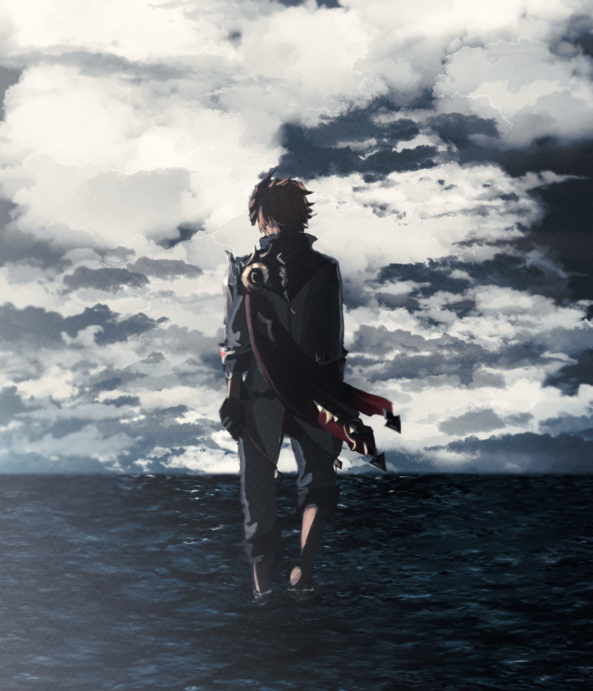 1boy black_gloves cape cloud cloudy_sky floating_clothes from_behind genshin_impact gloves highres male_focus mask mask_on_head ocean pants pants_rolled_up short_hair sky solo tartaglia_(genshin_impact) tayuta_(tayuta_fa) wading water