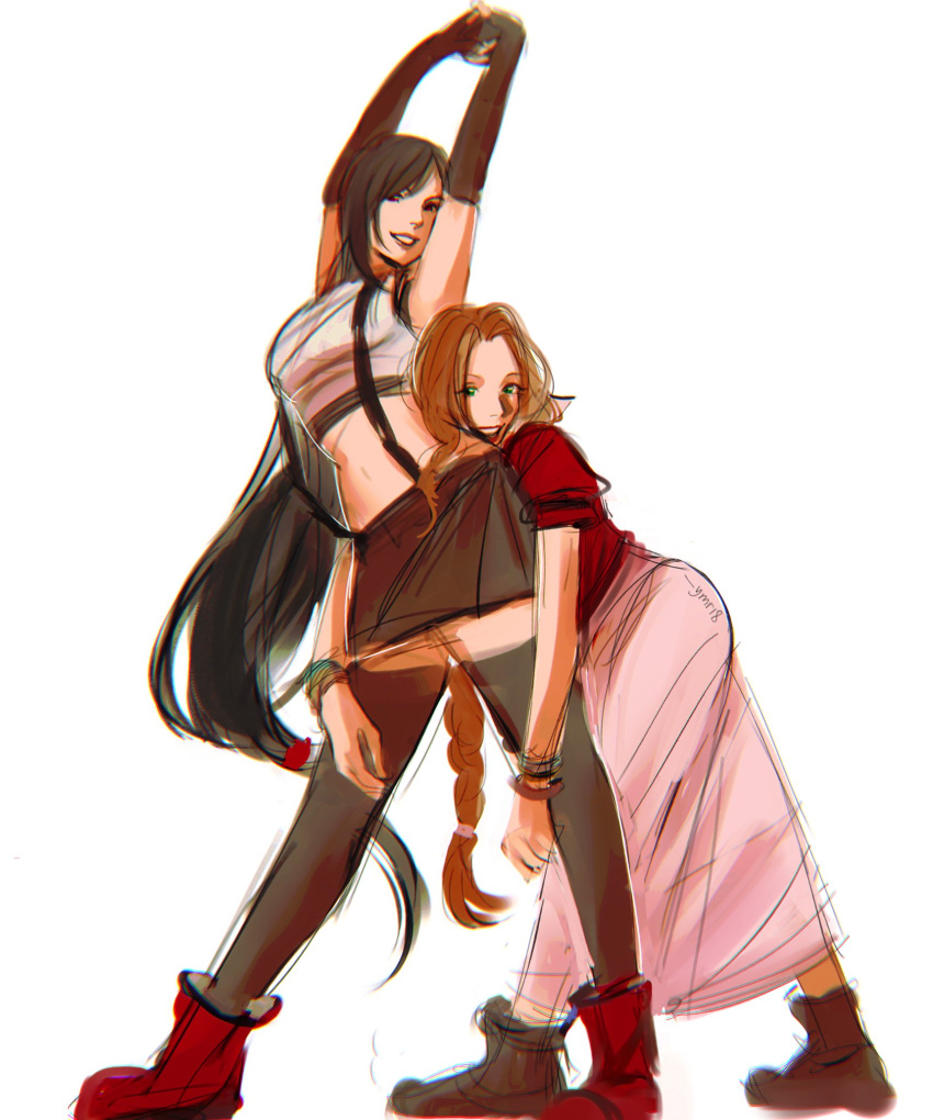 2girls aerith_gainsborough arms_around_waist arms_up black_hair black_skirt black_sports_bra black_thighhighs boots braid braided_ponytail brown_footwear brown_hair couple dress final_fantasy final_fantasy_vii final_fantasy_vii_remake full_body green_eyes head_on_another's_back highres jacket leaning_forward long_hair looking_at_viewer low-tied_long_hair midriff multiple_bracelets multiple_girls open_mouth own_hands_together pink_dress red_eyes red_footwear red_jacket simple_background skirt smile sports_bra standing stretching suspenders tank_top teeth thighhighs tifa_lockhart white_background white_tank_top ymr18 yuri