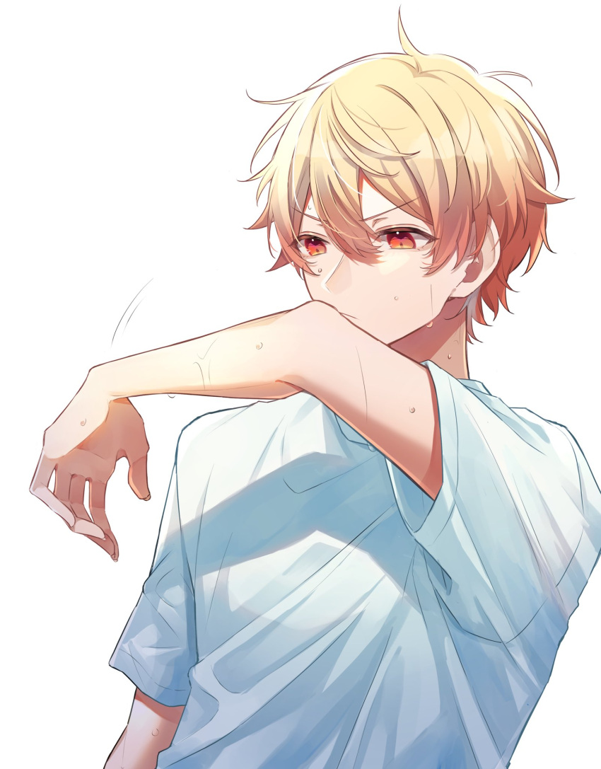 1boy arm_up blonde_hair closed_mouth highres male_focus orange_eyes project_sekai shirt short_hair solo t-shirt tenma_tsukasa wanderlands_k white_background white_shirt