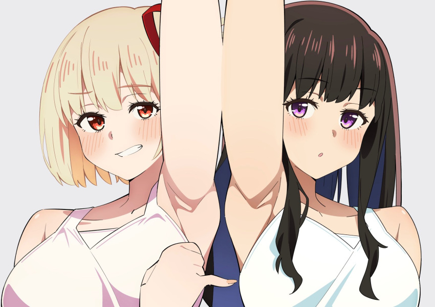 2girls :d :o arm_up armpits black_hair blonde_hair blush bob_cut breasts commentary_request commission grin hair_ribbon highres inoue_takina large_breasts long_hair looking_at_viewer lycoris_recoil multiple_girls nishikigi_chisato parted_lips pinky_out presenting_armpit purple_eyes red_eyes red_ribbon ribbon sakura_1110ssmm shirt short_hair skeb_commission smile upper_body white_shirt