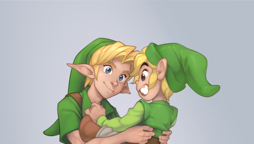 blonde_hair carrying_another clothing duo elf eye_contact hair hi_res humanoid humanoid_pointy_ears hylian light_body light_skin looking_at_another male nintendo not_furry ocarina_of_time simple_background smile square_crossover the_legend_of_zelda toon_link wind_waker yoshka young_link