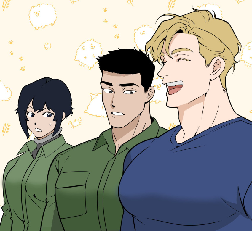 1girl 2boys ao_isami bara blue_shirt closed_eyes ekstmekajr from_side girl_staring_at_guys_chest_(meme) green_jumpsuit hibiki_rio highres jumpsuit large_pectorals lewis_smith looking_at_pectorals male_focus meme multiple_boys muscle_envy muscular muscular_male open_mouth pectorals shirt smile upper_body yuuki_bakuhatsu_bang_bravern