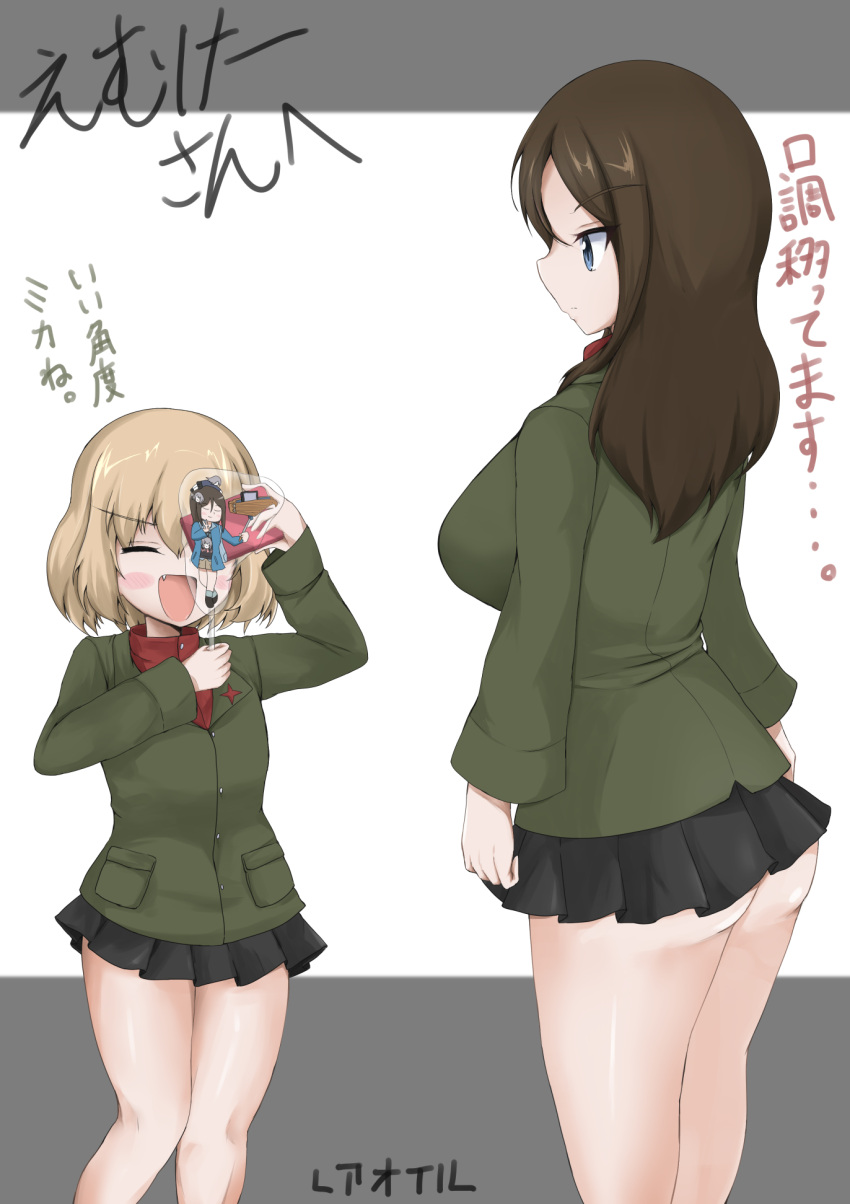 2girls ass black_skirt blonde_hair blue_eyes blush breasts brown_hair closed_eyes closed_mouth fang girls_und_panzer highres katyusha_(girls_und_panzer) large_breasts long_hair microskirt military_uniform multiple_girls naopon918 nonna_(girls_und_panzer) open_mouth pravda_military_uniform short_hair skirt smile uniform