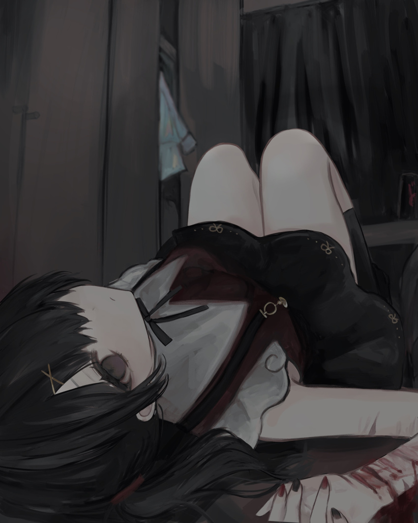 1girl absurdres ame-chan_(needy_girl_overdose) black_eyes black_hair black_nails black_ribbon black_skirt black_socks bleeding blood closed_mouth collared_shirt curtains dark_room hair_ornament hair_over_one_eye highres indoors kanau_(u_u_zzx) knees_up looking_at_viewer lying nail_polish neck_ribbon needy_girl_overdose on_back red_nails red_shirt ribbon self-harm self-harm_scar shirt skirt socks solo suspender_skirt suspenders twintails unworn_clothes wardrobe wrist_cutting x_hair_ornament