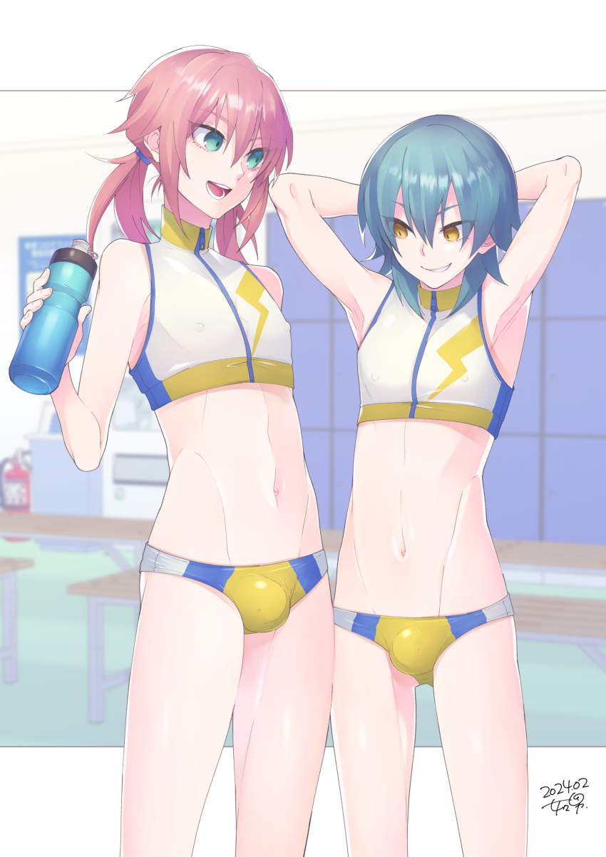 2boys absurdres aqua_hair armpits arms_up bikini bulge flask green_eyes hair_ornament highres holding holding_flask memeo_(candy_house) midriff multiple_boys navel open_mouth original otoko_no_ko red_hair stomach swimsuit teeth tongue twintails yellow_eyes