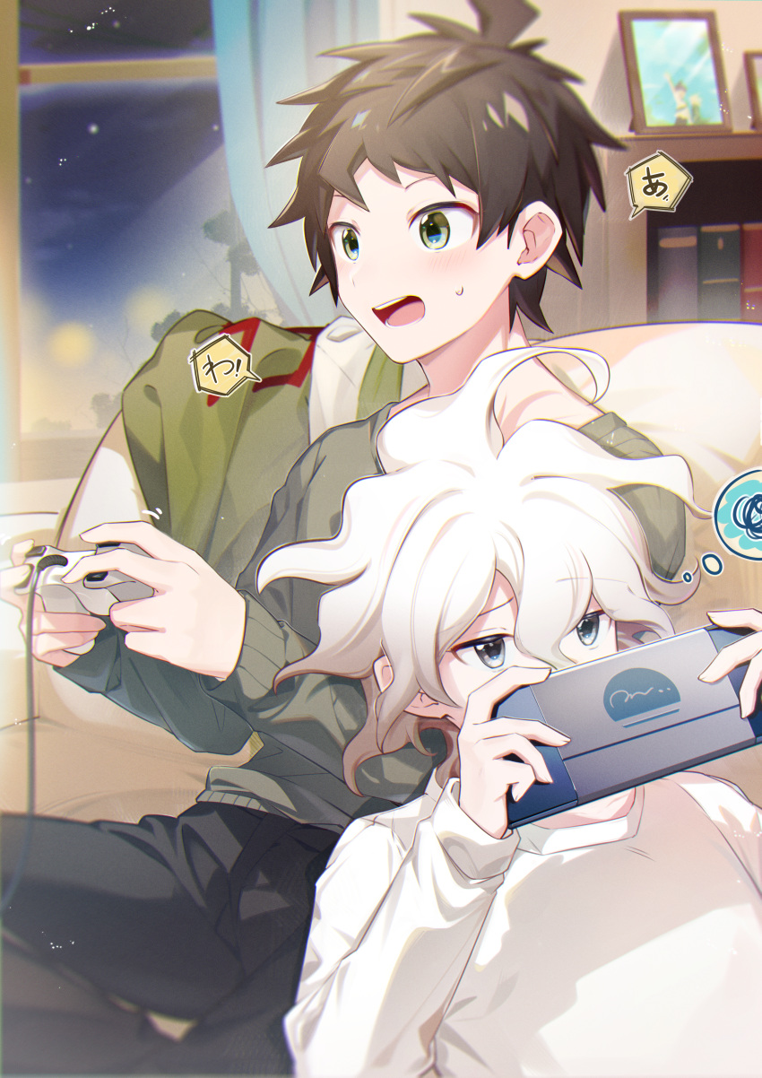 2boys absurdres alternate_costume black_pants book brown_hair controller d: danganronpa_(series) danganronpa_2:_goodbye_despair grey_hair handheld_game_console highres hinata_hajime holding holding_controller holding_handheld_game_console indoors komaeda_nagito male_focus midou_(grk12138) multicolored_hair multiple_boys pants playing_games short_hair sweat teeth tongue two-tone_hair window