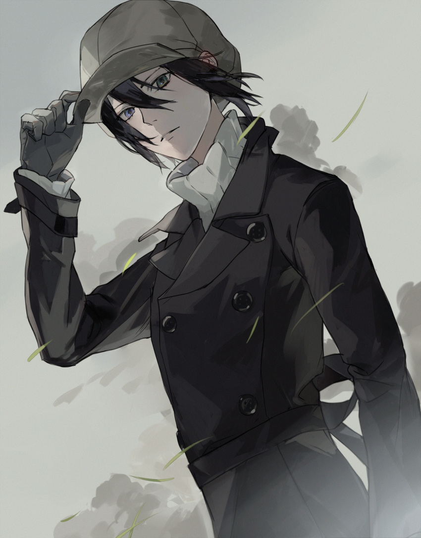 1boy arm_up bishounen black_coat black_gloves black_hair blue_eyes buttons coat double-breasted eyelashes gloves green_eyes grey_background hair_between_eyes hat heterochromia highres long_coat looking_at_viewer male_focus muted_color nabari_no_ou nishin_housoku pale_skin parted_lips short_hair sidelighting solo sweater turtleneck turtleneck_sweater upper_body yoite