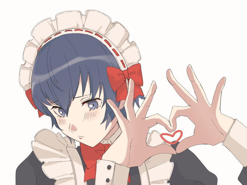 1girl blue_eyes blue_hair blush bow bowtie embarrassed heart heart_hands highres maid maid_headdress persona persona_4 red_bow red_bowtie reverse_trap shirogane_naoto simple_background solo tomboy upper_body usa_(kawaii_152cm) white_background