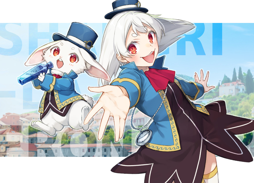 dress emul_(shangri-la_frontier) furry furry_female hat high_collar highres long_sleeves mikoto_kei open_mouth outstretched_arm pocket_watch rabbit red_eyes shangri-la_frontier smile top_hat tree watch white_hair