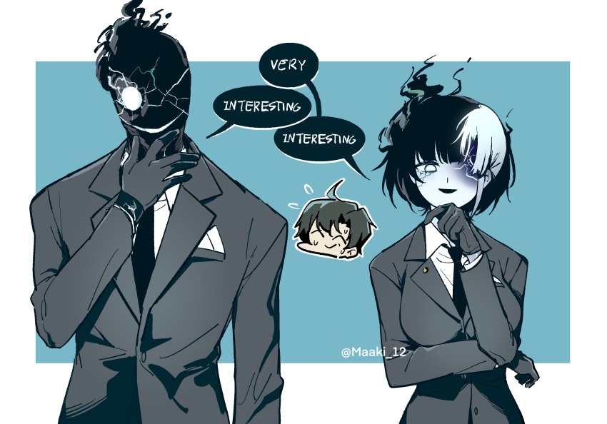 1boy 1girl absurdres arm_under_breasts black_gloves black_hair black_necktie black_suit black_suit_(blue_archive) blue_archive blue_background chibi chibi_inset collared_shirt commentary dual_persona english_text flying_sweatdrops formal genderswap genderswap_(mtf) gloves glowing glowing_eye hair_over_one_eye hand_on_own_chin highres long_sleeves looking_at_viewer maaki12 multicolored_hair muted_color necktie romaji_commentary sensei_(blue_archive) sensei_(blue_archive_the_animation) shirt simple_background smile speech_bubble split-color_hair suit sweatdrop twitter_username two-tone_background two-tone_hair upper_body watermark white_background white_hair white_shirt