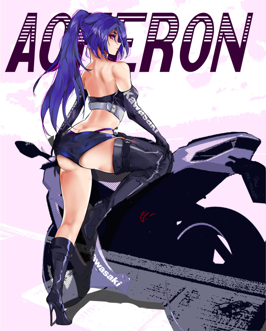 1girl absurdres acheron_(honkai:_star_rail) alternate_costume alternate_hairstyle ass asymmetrical_footwear bare_back bare_shoulders black_footwear black_gloves blue_shorts boots breasts character_name commentary elbow_gloves gloves high_heel_boots high_heels highres honkai:_star_rail honkai_(series) long_hair looking_at_viewer medium_breasts midriff ponytail purple_eyes purple_hair short_shorts shorts solo staz_tempest strapless thighs tube_top very_long_hair