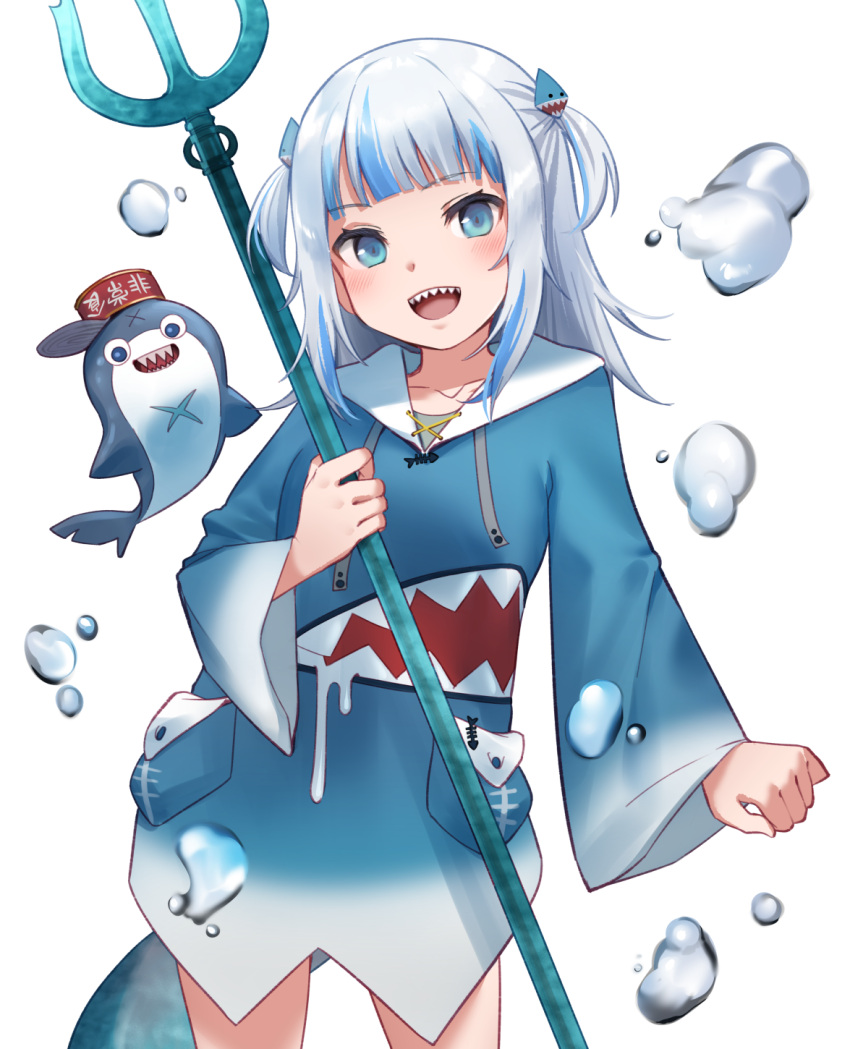 1girl :d bloop_(gawr_gura) blue_eyes blue_hair blue_hoodie bubble collarbone cowboy_shot fins fish_tail gawr_gura highres holding_trident hololive hololive_english hood hoodie long_sleeves medium_hair multicolored_hair polearm shark_tail sharp_teeth simple_background smile solo streaked_hair tail teeth trident two_side_up upper_teeth_only virtual_youtuber weapon white_background yasawa_kichi