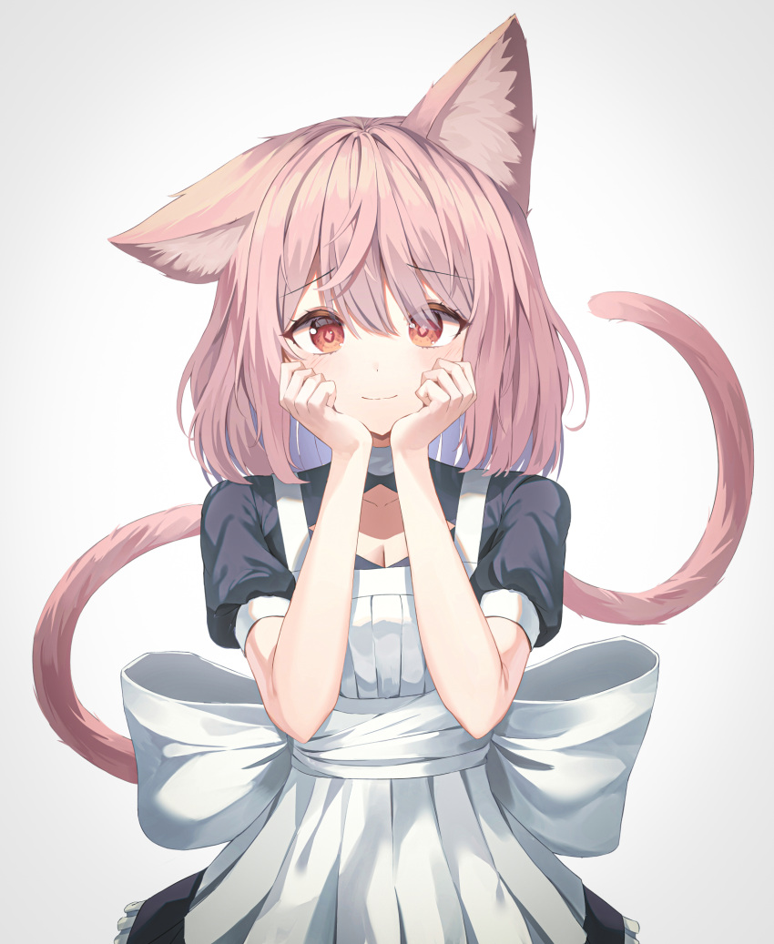 1girl animal_ear_fluff animal_ears apron black_dress blush breasts brown_eyes brown_hair cat_ears cat_girl cat_tail cleavage closed_mouth collarbone commentary_request dress frilled_dress frills grey_background hair_between_eyes highres looking_at_viewer medium_breasts original puffy_short_sleeves puffy_sleeves shiro_(acad1213) short_sleeves simple_background smile solo tail unaligned_ears upper_body white_apron