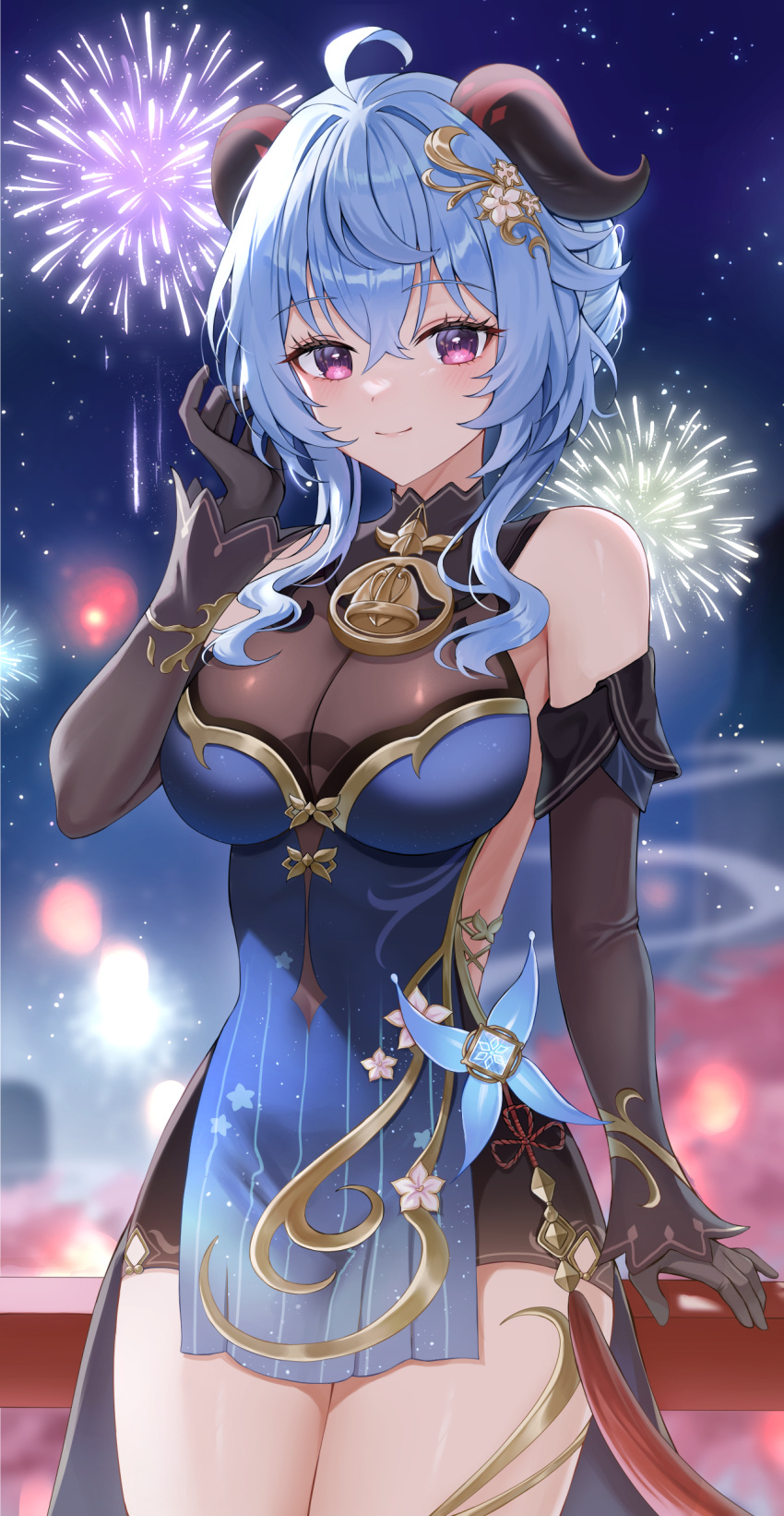 1girl absurdres ahoge bare_shoulders bell black_gloves blue_dress blue_hair blurry blurry_background breasts closed_mouth detached_sleeves dress fireworks ganyu_(genshin_impact) ganyu_(twilight_blossom)_(genshin_impact) genshin_impact gloves goat_horns highres horns ien_(to_yen) large_breasts looking_at_viewer neck_bell night night_sky official_alternate_costume official_alternate_hairstyle outdoors pink_eyes sidelocks sky smile solo standing star_(sky) starry_sky