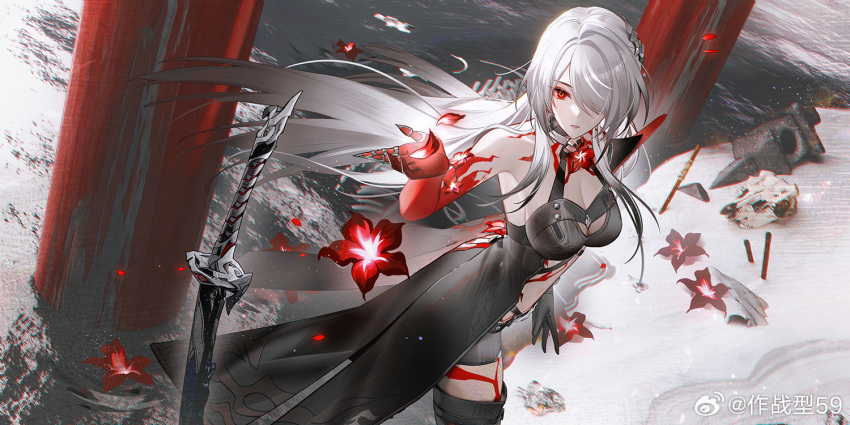 1girl acheron_(honkai:_star_rail) arm_up asymmetrical_footwear bad_source black_choker black_gloves black_shorts body_markings bone boots breasts choker cleavage coattails detached_sleeves flower gloves hair_over_one_eye honkai:_star_rail honkai_(series) long_hair midriff navel red_eyes red_flower scabbard sheath sheathed short_shorts shorts single_bare_shoulder skull solo stomach sword thigh_boots weapon weibo_username white_hair zuozhan_xing59