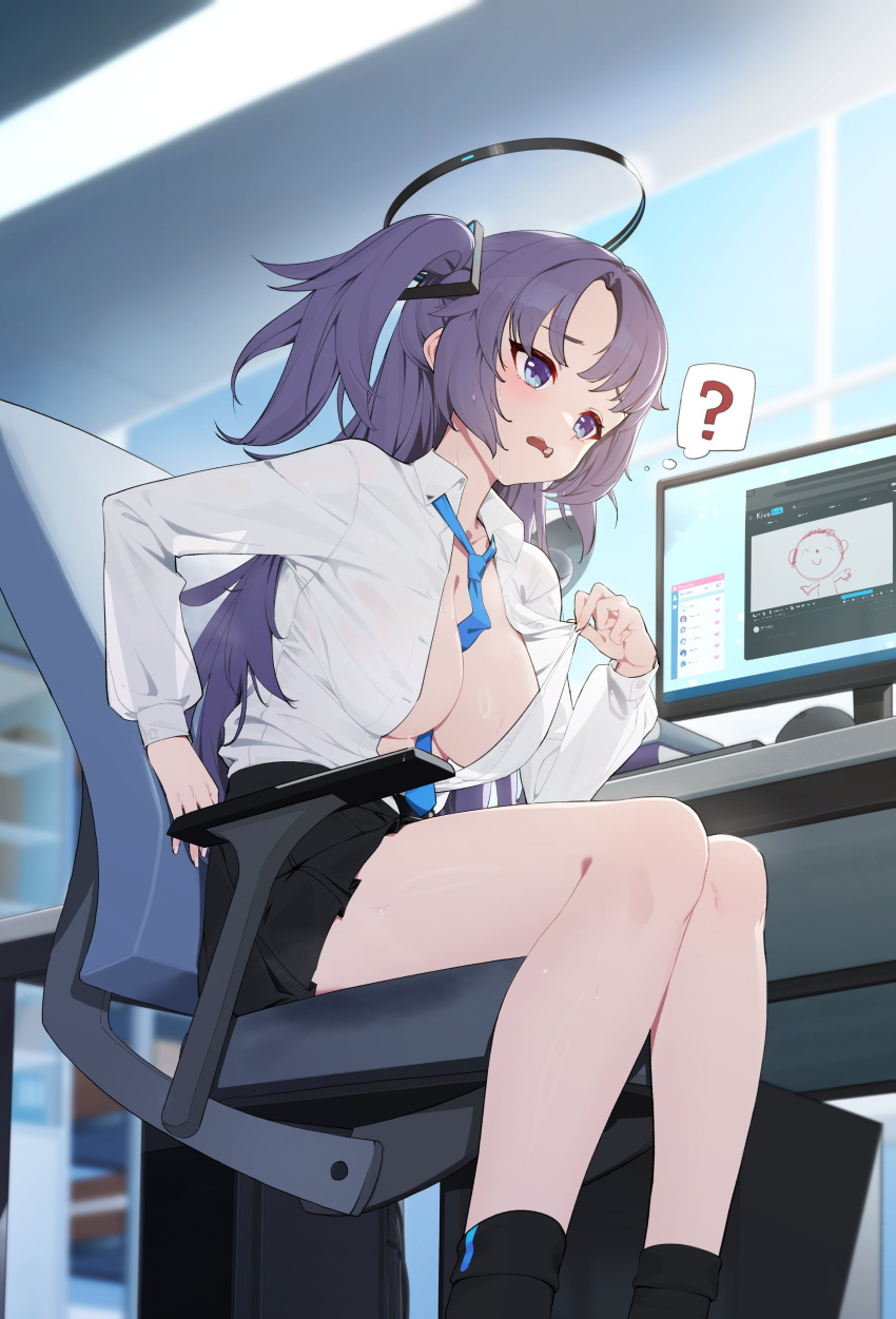 1girl ? absurdres black_skirt blue_archive blue_eyes blue_necktie blush breasts chair collared_shirt commentary cropped_legs doodle_sensei_(blue_archive) feet_out_of_frame halo highres indoors large_breasts long_hair mechanical_halo necktie office_chair open_mouth pjman pleated_skirt purple_hair sensei_(blue_archive) shirt sitting skirt solo swivel_chair two_side_up unbuttoned white_shirt yuuka_(blue_archive)