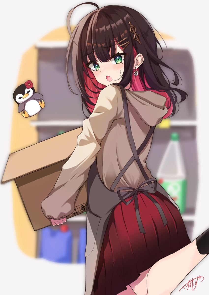 1girl :o apron black_socks box brown_hair brown_hoodie cardboard_box carrying colored_inner_hair criss-cross_back-straps earrings foot_out_of_frame foot_up from_side gradient_skirt green_eyes grey_apron hair_between_eyes hair_ornament hairclip hairpin highres hizuki_yui holding holding_box hood hood_down hoodie izumi_izu jewelry long_hair long_sleeves looking_at_viewer miniskirt multicolored_hair neo-porte open_mouth pleated_skirt red_hair red_skirt signature skirt socks solo sweatdrop virtual_youtuber