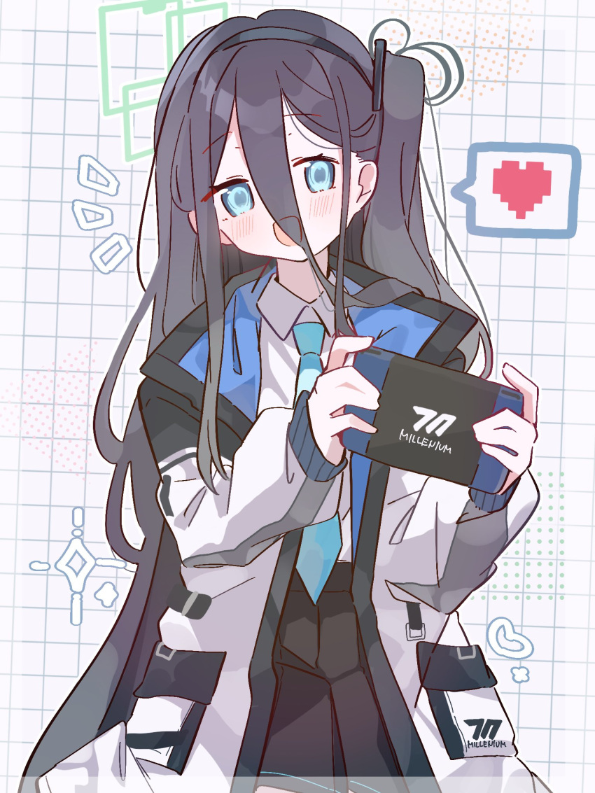 1girl aqua_eyes aqua_necktie aris_(blue_archive) black_hair black_skirt blue_archive blush collared_shirt emphasis_lines grid_background hair_between_eyes handheld_game_console hands_up heart highres holding holding_handheld_game_console jacket long_hair long_hair_between_eyes long_sleeves looking_at_viewer necktie one_side_up open_clothes open_jacket pixel_heart pleated_skirt rco_as shirt shirt_tucked_in skirt solo spoken_heart very_long_hair white_jacket white_shirt