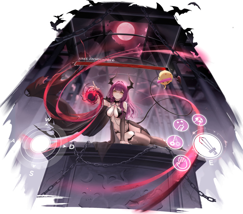 1girl arm_support azur_lane bat_(animal) bird black_cape black_nails blunt_bangs blurry blurry_background breasts cape chain character_name chick demon_horns demon_tail devonshire_(azur_lane) devonshire_(sadistic_demon)_(azur_lane) english_text full_moon gameplay_mechanics gem gloom_(expression) glowing glowing_eyes hair_intakes hand_up health_bar heart highres holding holding_with_tail horns large_breasts long_hair looking_at_viewer manjuu_(azur_lane) moon mushroom nail_polish night night_sky non-web_source nys official_alternate_costume official_art outstretched_arm parted_lips pendulum prehensile_tail purple_hair red_gemstone red_moon revealing_clothes sexually_suggestive shaded_face sky slit_pupils sword syringe tail teeth thighhighs thighs torn_clothes torn_thighhighs torpedo weapon yellow_eyes