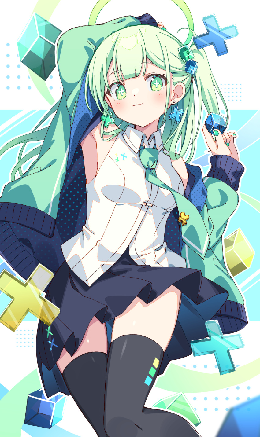 1girl :3 arm_up armpits bare_shoulders black_skirt black_thighhighs blue_background blunt_bangs blush breasts closed_mouth collared_shirt commentary cross cross-shaped_pupils cross_earrings cube cube_hair_ornament dot_nose earrings green_eyes green_hair green_halo green_jacket green_nails green_necktie hair_between_eyes hair_ornament halo hand_up highres holding_cube jacket jewelry long_hair long_sleeves looking_at_viewer medium_breasts miniskirt multicolored_background nail_polish necktie off_shoulder one_side_up open_clothes open_jacket original pleated_skirt polka_dot polka_dot_background polka_dot_jacket revision shirt skirt sleeveless sleeveless_shirt smile solo symbol-only_commentary symbol-shaped_pupils thighhighs thighs two-sided_fabric two-sided_jacket white_background white_shirt x zettai_ryouiki zoirun