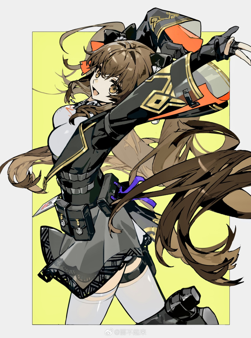 1girl absurdres arm_up black_bow black_footwear black_gloves black_skirt bow breasts brown_eyes girls'_frontline girls'_frontline_2:_exilium gloves hair_bow hand_up highres id_card inset_border libuqilai long_hair looking_at_viewer open_mouth partially_fingerless_gloves skirt smile solo thighhighs twintails two-tone_background type_97_(girls'_frontline) weibo_logo weibo_username white_background white_thighhighs yellow_background