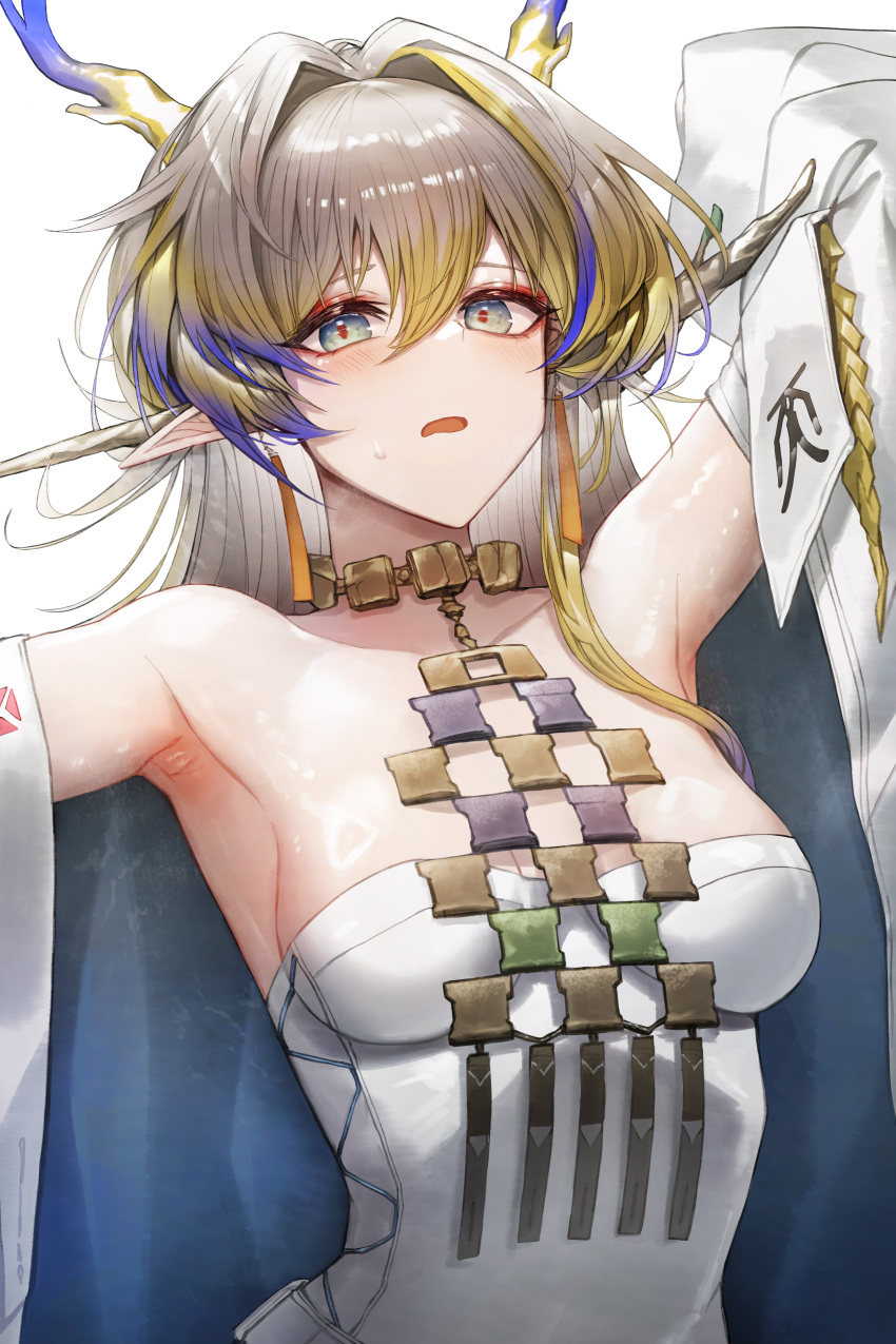 1girl absurdres arknights armpits bare_shoulders blonde_hair blue_hair breasts choker commentary grey_eyes grey_hair hair_intakes highres jewelry long_hair looking_at_viewer necklace off_shoulder onedr open_mouth shu_(arknights) small_breasts solo strapless tube_top upper_body very_long_hair white_background