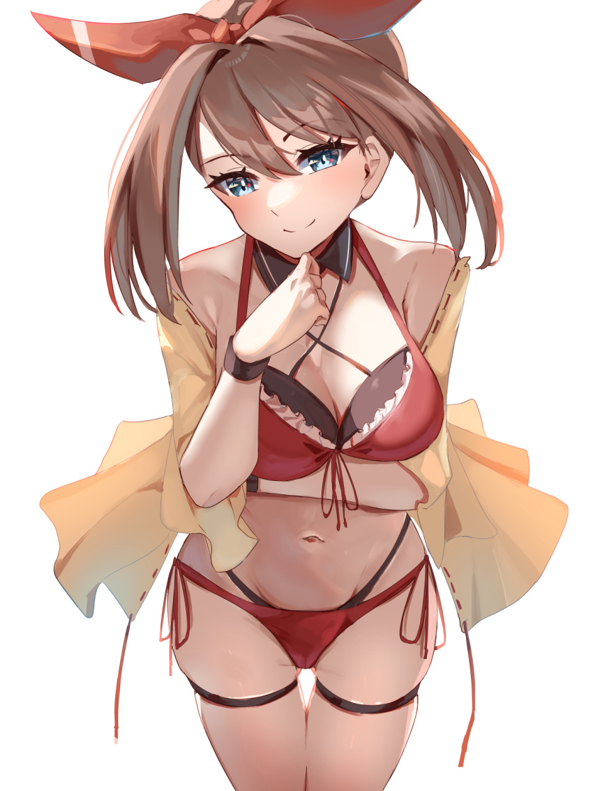 1girl arm_under_breasts bare_shoulders bikini black_bikini black_straps blue_eyes breasts cowboy_shot frilled_bikini_top from_above highres jacket large_breasts may_(pokemon) medium_hair momdy_(talesshinja) navel open_clothes open_jacket pokemon pokemon_oras red_bikini simple_background solo swimsuit thigh_strap white_background yellow_jacket