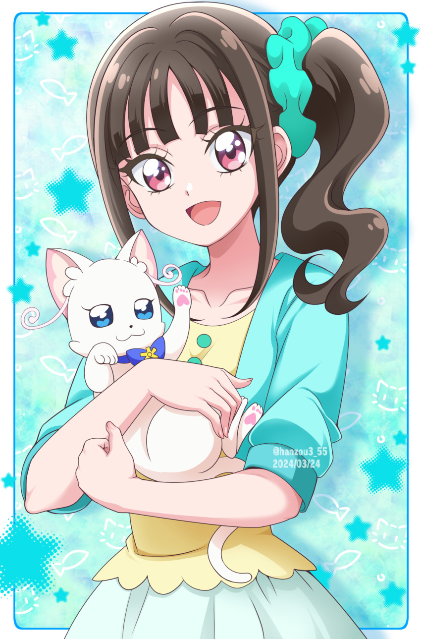 1girl animal aqua_scrunchie black_hair blue_border blue_shirt border cat commentary dated dress hair_ornament hair_scrunchie hanzou highres holding holding_animal looking_at_viewer medium_hair nekoyashiki_mayu nekoyashiki_yuki nekoyashiki_yuki_(cat) open_mouth precure purple_eyes scrunchie shirt short_sleeves side_ponytail sidelocks smile solo standing starry_background twitter_username two-tone_dress white_dress wonderful_precure! yellow_dress