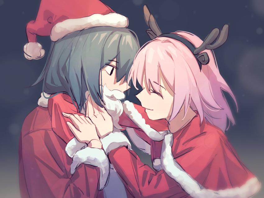 2girls antlers arms_around_neck capelet christmas closed_eyes closed_mouth commentary dress egakuning english_commentary fake_beard fake_facial_hair fake_mustache fur-trimmed_capelet fur-trimmed_headwear fur_trim grey_background grey_hair hand_on_another's_arm hand_on_another's_face hat highres honkai:_star_rail honkai_(series) horns long_hair long_sleeves looking_at_another march_7th_(honkai:_star_rail) multiple_girls pink_hair red_capelet red_dress red_hat reindeer_antlers santa_dress santa_hat smile stelle_(honkai:_star_rail) trailblazer_(honkai:_star_rail) upper_body yuri