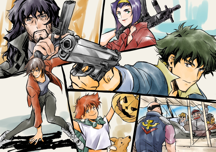 absurdres beard breasts child cowboy_bebop cowboy_bebop:_knockin'_on_heaven's_door edward_wong_hau_pepelu_tivrusky_iv ein_(cowboy_bebop) electra_ovilo facial_hair faye_valentine gun hairband halloween highres holding holding_gun holding_weapon jack-o'-lantern jet_black purple_hair smile spike_spiegel tobalin vincent_volaju weapon welsh_corgi yellow_hairband