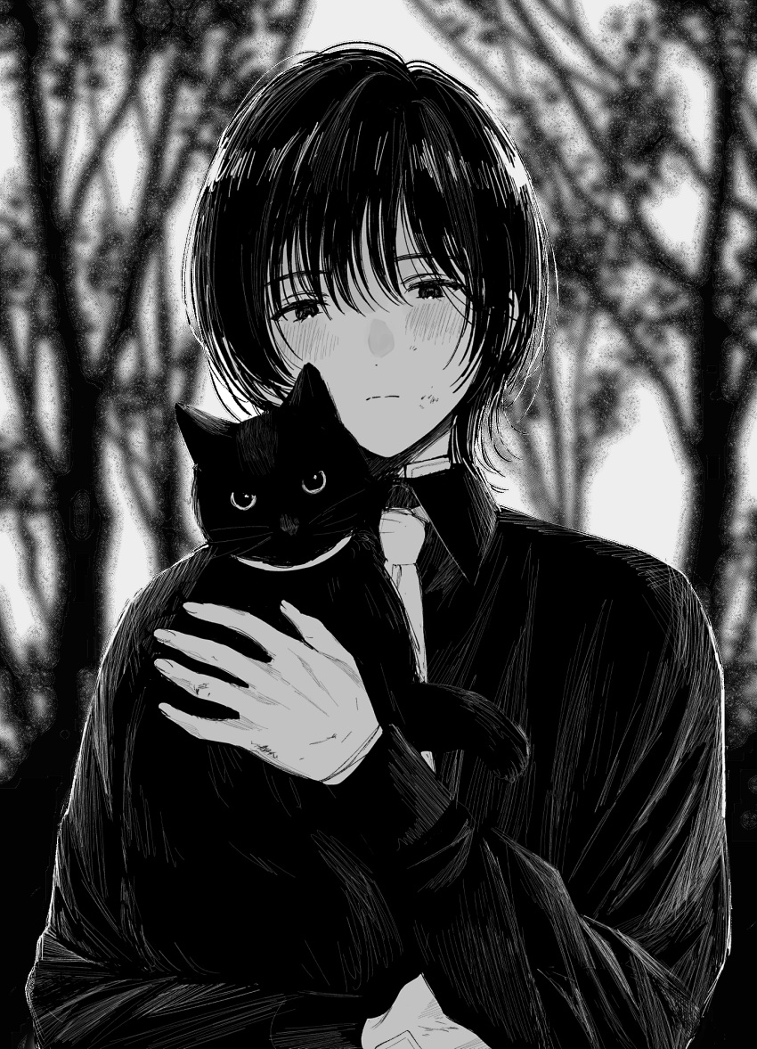 1boy animal bishounen black_eyes black_hair black_shirt blush cat closed_mouth dm_owr greyscale highres holding holding_animal holding_cat looking_at_viewer male_focus monochrome necktie original shirt tree upper_body