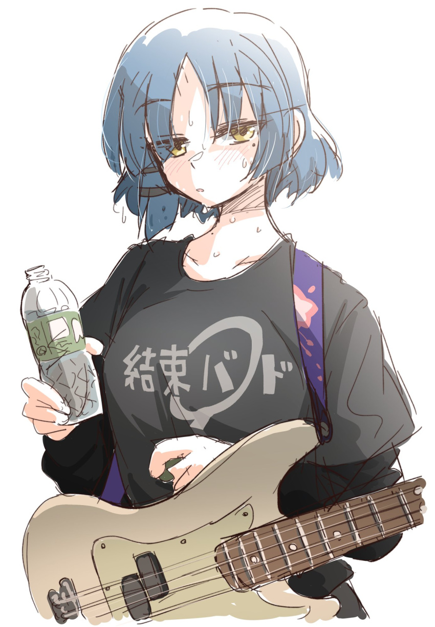 1girl bass_guitar black_shirt blue_hair blush bocchi_the_rock! bottle collarbone fender_precision_bass guitar hair_ornament hairclip hands_up hariyaa highres holding holding_bottle instrument kessoku_band_t-shirt long_sleeves looking_at_viewer mole mole_on_neck mole_under_eye parted_bangs shirt short_hair simple_background solo sweat white_background yamada_ryo yellow_eyes