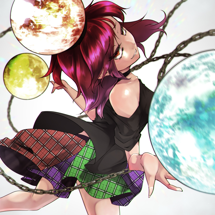 1girl bare_shoulders black_shirt breasts chain commentary earth_(ornament) from_above hecatia_lapislazuli highres looking_at_viewer looking_up medium_breasts medium_hair moon_(ornament) multicolored_clothes multicolored_skirt off-shoulder_shirt off_shoulder open_mouth plaid plaid_skirt red_eyes red_hair shirt short_sleeves skirt smile solo t-shirt teinba touhou underworld_(ornament) white_background