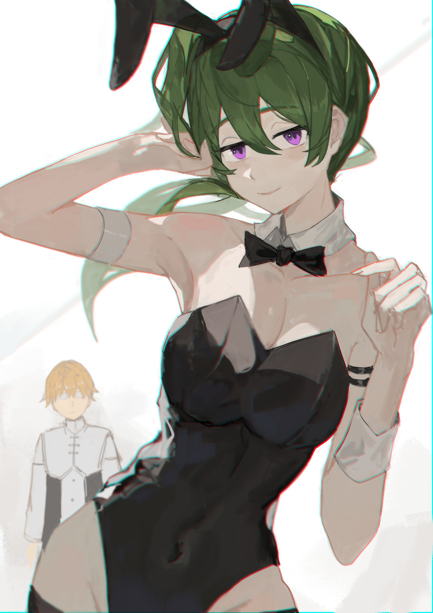 1boy 1girl absurdres animal_ears arm_strap arm_up bare_shoulders black_leotard blonde_hair bow bowtie breasts covered_navel detached_collar dimas_(dimas79756948) fake_animal_ears glasses green_hair hair_between_eyes hand_up highres land_(sousou_no_frieren) leotard light_smile long_hair long_sleeves medium_breasts playboy_bunny purple_eyes rabbit_ears shirt short_hair side_ponytail simple_background sleeveless sousou_no_frieren strapless strapless_leotard ubel_(sousou_no_frieren) very_short_hair white_background white_shirt wrist_cuffs