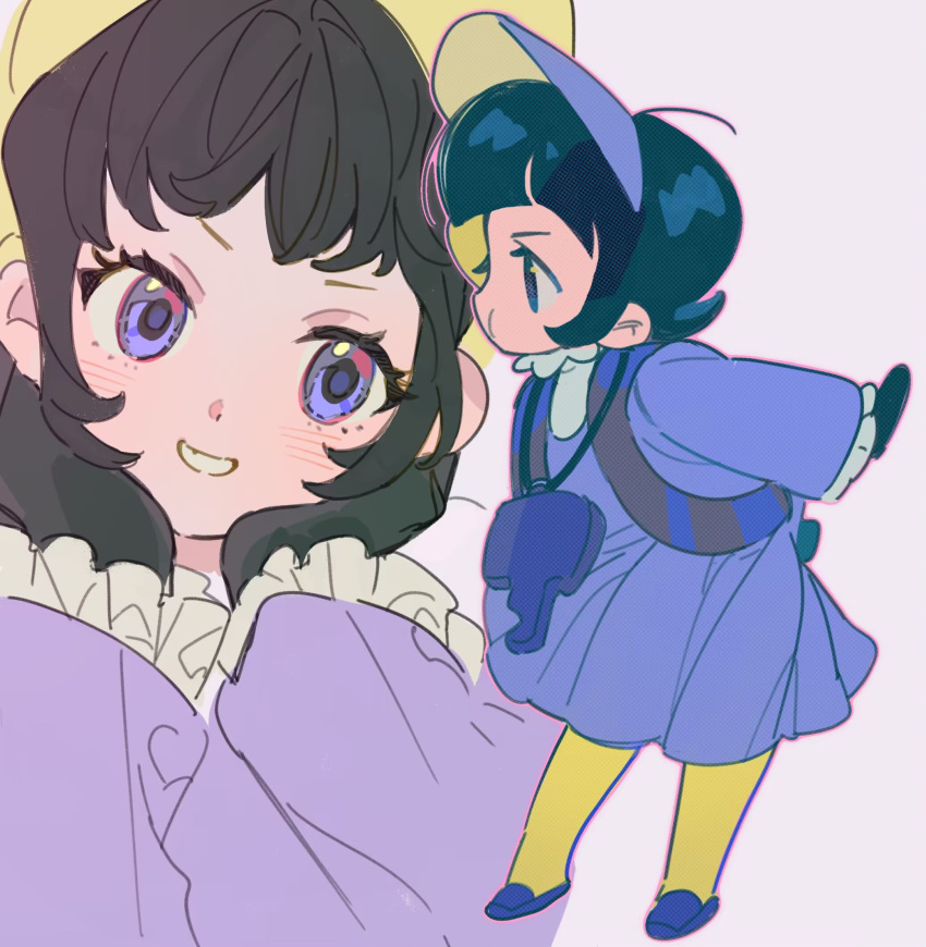 1girl black_gloves black_hair blush commentary_request dress eyelashes frills gloves grey_dress grey_jacket grin highres jacket long_sleeves medium_hair multiple_views nanaasuzy_pk open_clothes open_jacket pantyhose pokemon pokemon_sv poppy_(pokemon) shoes smile teeth yellow_pantyhose