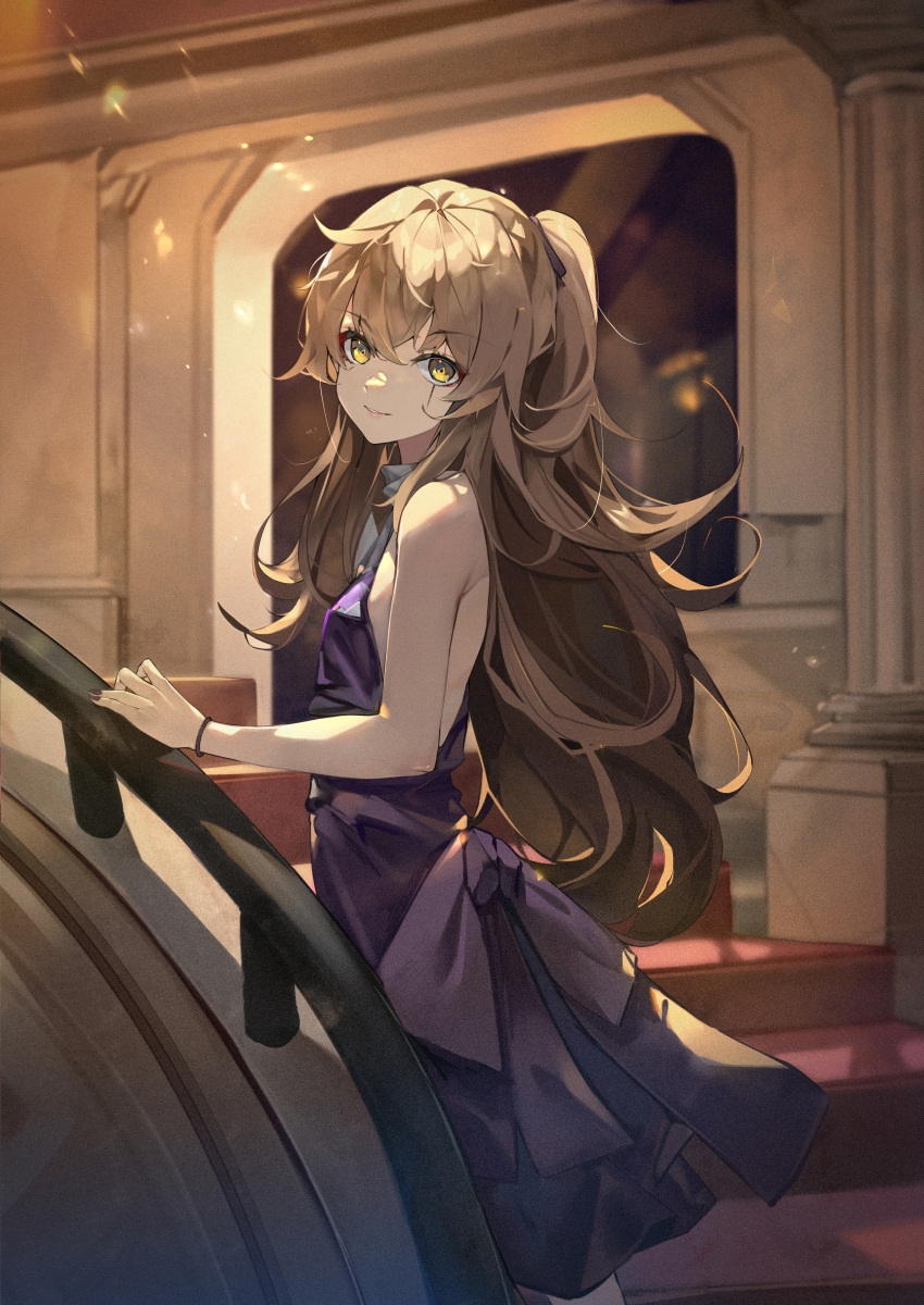 1girl absurdres bare_shoulders black_nails black_scarf bow bracelet breasts column crossed_bangs dress evening_gown floating_hair formal from_behind girls'_frontline hair_between_eyes hand_on_railing highres indoors jewelry light_brown_hair light_particles long_hair looking_at_viewer looking_back official_alternate_costume one_side_up parted_lips pillar purple_bow purple_dress sakanafish scarf sidelocks small_breasts smile stairs sunlight ump45_(diamond_flower)_(girls'_frontline) ump45_(girls'_frontline) very_long_hair waist_bow yellow_eyes