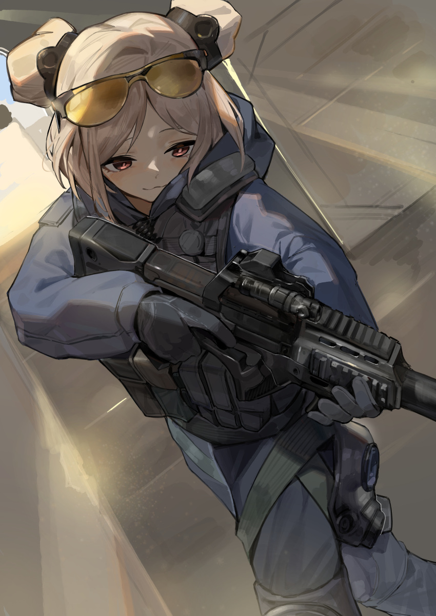 1girl :3 absurdres blue_hood brown_hair bullpup chadlink double_bun eyewear_on_head from_above gas_mask girls'_frontline gloves gun hair_bun highres hood hoodie load_bearing_vest mask medium_hair optical_sight outdoors p90 p90_(girls'_frontline) red_eyes solo submachine_gun suppressor tinted_eyewear weapon yellow-tinted_eyewear