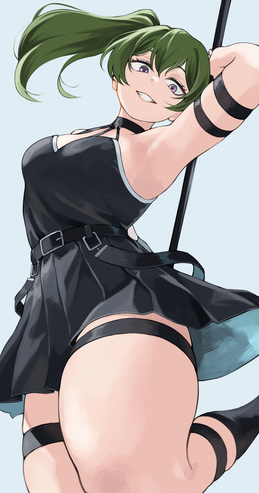 1girl absurdres arm_strap arm_up armpits black_choker black_dress choker cowboy_shot dress fengling_(furin-jp) green_hair grin highres holding holding_polearm holding_weapon looking_at_viewer o-ring o-ring_choker pleated_dress polearm purple_eyes sanpaku side_ponytail simple_background smile solo sousou_no_frieren spear standing standing_on_one_leg thigh_strap thighs ubel_(sousou_no_frieren) weapon white_background