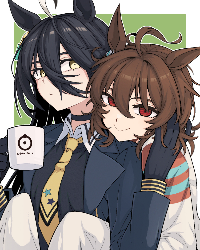 2girls :&gt; agnes_tachyon_(umamusume) ahoge black_jacket black_shirt closed_mouth coat coffee_cup commentary_request cup disposable_cup empty_eyes formicid hair_between_eyes hand_on_another's_cheek hand_on_another's_face hand_up highres holding holding_cup horse_girl hug hug_from_behind jacket korean_commentary looking_at_another manhattan_cafe_(umamusume) multiple_girls necktie open_clothes open_jacket red_eyes shirt sleeves_past_fingers sleeves_past_wrists smile umamusume white_coat yellow_eyes yellow_necktie