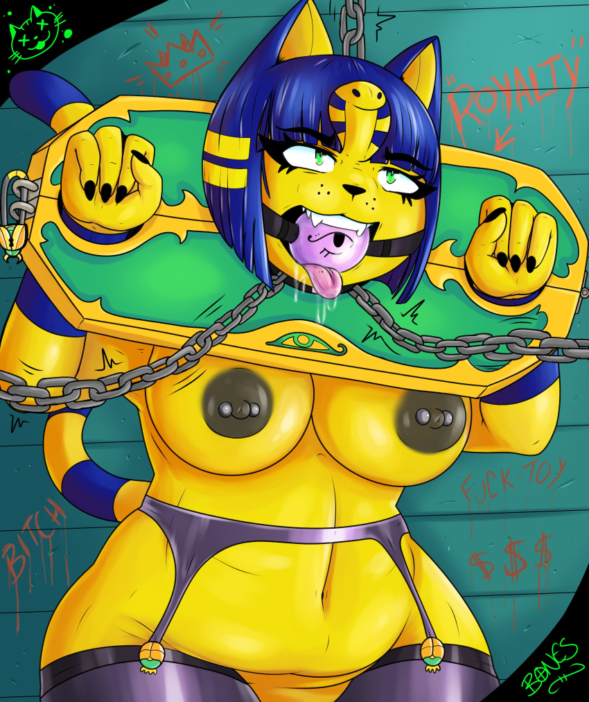 absurd_res animal_crossing ankha_(animal_crossing) anthro areola ball_gag big_breasts bigbonesart black_nails blue_body blue_fur blue_hair bodily_fluids breasts brown_areola brown_nipples chain chained clothing colored_nails domestic_cat egyptian_headdress eyelashes felid feline felis female fur gag green_eyes hair hi_res legwear mammal markings nails navel nintendo nipple_piercing nipples nude open_mouth piercing purple_clothing purple_legwear purple_stockings restraints saliva sharp_nails short_hair slightly_chubby solo stockings stocks striped_markings striped_tail stripes tail tail_markings text thick_thighs tongue tongue_out wide_hips yellow_body yellow_fur