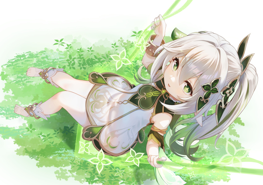 1girl absurdres bare_legs bird_feet_(artist) bracelet commentary dress flower-shaped_pupils genshin_impact gradient_hair grass green_eyes green_hair hair_ornament highres jewelry long_hair looking_at_viewer multicolored_hair nahida_(genshin_impact) open_mouth sleeveless sleeveless_dress smile solo swing symbol-shaped_pupils toeless_footwear white_dress white_footwear white_hair