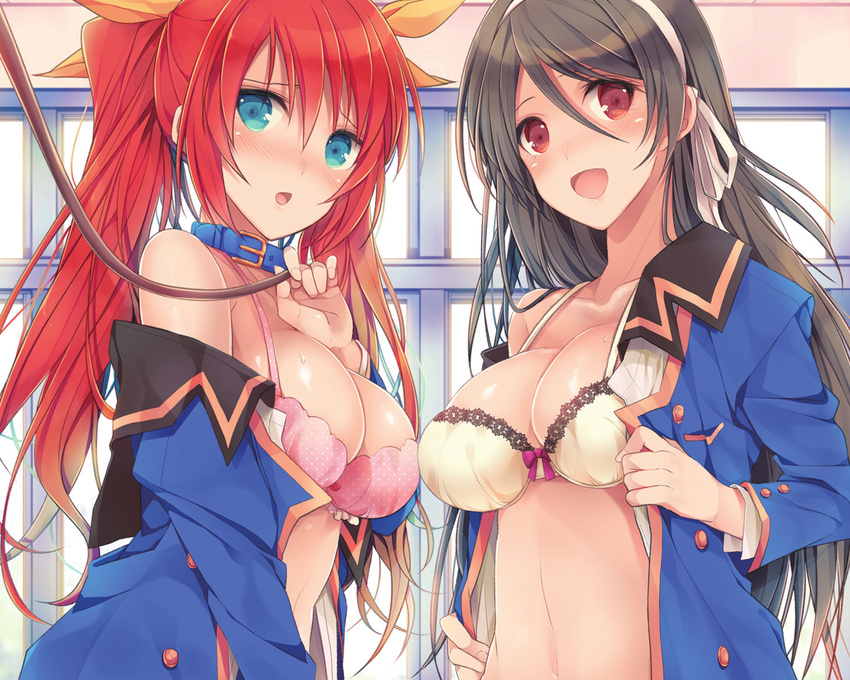 2girls aqua_eyes black_hair blush bra breasts cleavage collar cropped headband long_hair mizuyuki open_shirt original red_eyes red_hair scan tagme twintails underwear