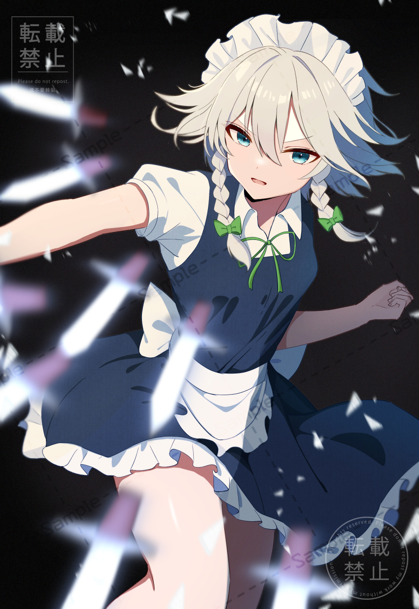 1girl absurdres bare_legs blue_dress braid breasts collared_shirt commentary_request dress frilled_dress frills grey_hair highres izayoi_sakuya knife maid maid_headdress maizumi neck_ribbon puffy_short_sleeves puffy_sleeves ribbon shirt short_hair short_sleeves small_breasts solo throwing_knife touhou twin_braids weapon white_shirt