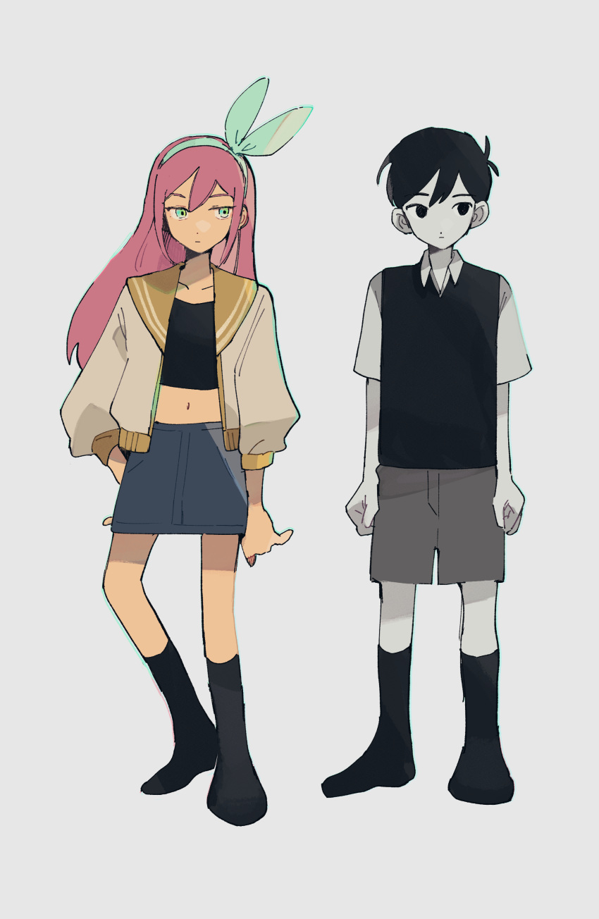 1boy 1girl absurdres aqua_eyes aqua_hairband arms_at_sides aubrey_(faraway)_(omori) aubrey_(omori) black_eyes black_hair black_shirt black_socks black_vest blue_skirt bow_hairband collarbone collared_shirt colored_skin commentary crop_top expressionless full_body grey_background grey_jacket grey_shorts grey_skin hairband highres jacket jitome kneehighs long_hair looking_at_another mdmdmdmd23eng omori open_clothes open_jacket pink_hair shirt short_hair shorts sideways_glance simple_background skirt socks standing sunny_(omori) symbol-only_commentary vest