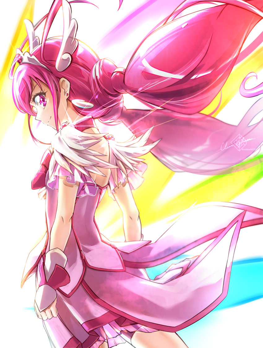1girl back bow choker clear_glass_(mildmild1311) cure_happy head_wings highres hoshizora_miyuki jewelry long_hair looking_at_viewer looking_back magical_girl multicolored_background pink_bow pink_choker pink_eyes pink_hair pink_shorts pink_skirt pink_wrist_cuffs precure shorts shorts_under_skirt skirt smile_precure! solo tiara twintails white_background wings wrist_cuffs