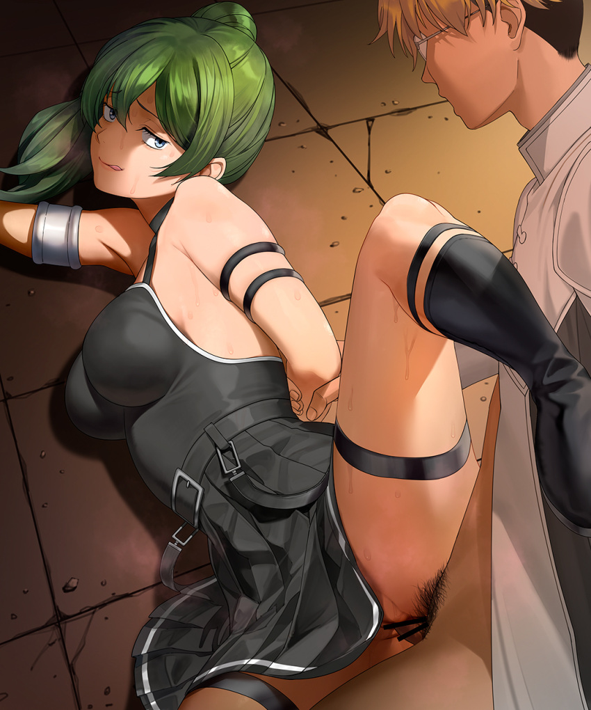 1boy 1girl a1_(initial-g) arm_grab arm_held_back arm_strap armlet bar_censor bare_shoulders belt black_belt black_choker black_dress blonde_hair blue_eyes blush breasts censored choker closed_mouth commentary_request dress from_above glasses green_hair hair_between_eyes hetero highres land_(sousou_no_frieren) leg_up licking_lips long_hair looking_at_another male_pubic_hair penis pleated_dress pubic_hair short_hair side_ponytail smile solo_focus sousou_no_frieren spread_legs sweat thigh_strap tongue tongue_out ubel_(sousou_no_frieren) vaginal variant_set