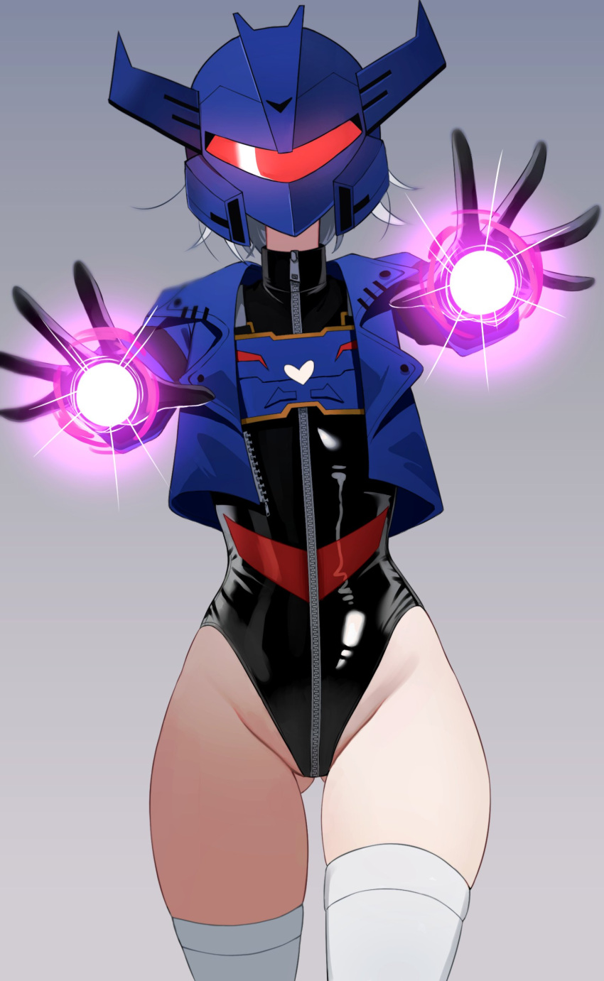 1girl absurdres ass_visible_through_thighs assault_visor black_gloves black_leotard blue_jacket flat_chest genderswap genderswap_(mtf) gloves grey_background grey_hair groin helmet highres humanization idzuki_kenkyu-in jacket leotard open_hands short_hair solo soundwave_(transformers) thighhighs transformers transformers:_earthspark white_thighhighs