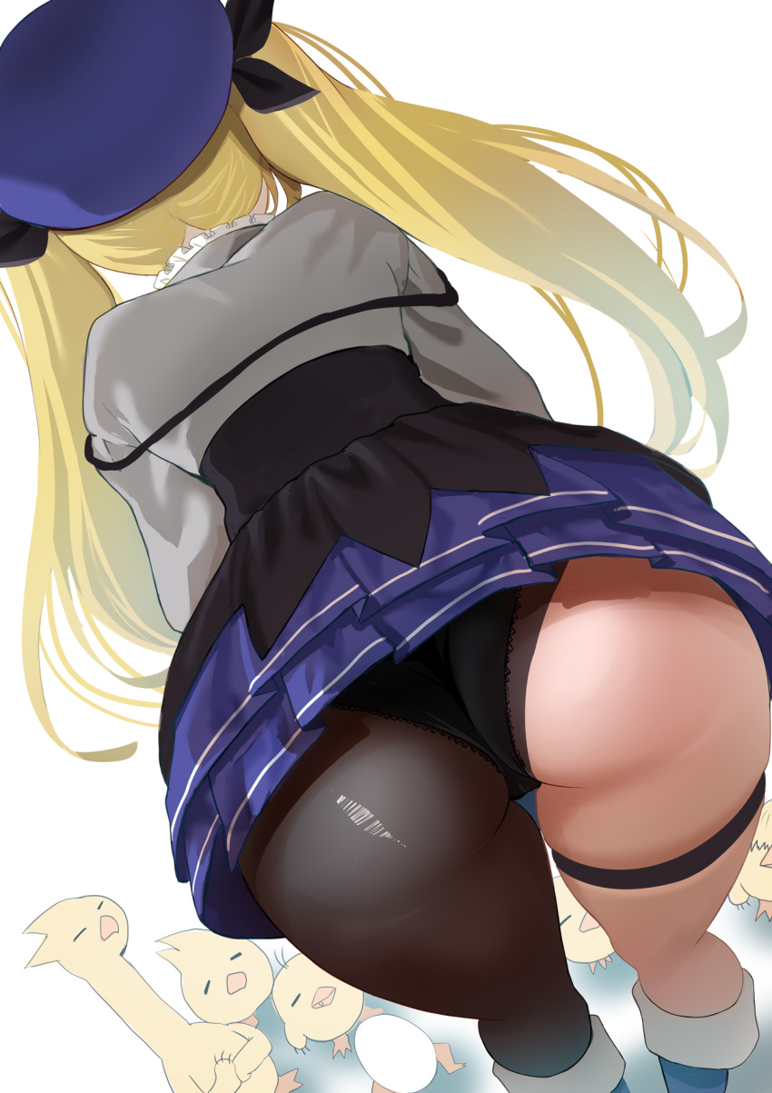1girl ass ass_focus bent_over bird black_panties black_pantyhose blonde_hair blue_hat close-up dokibird_(vtuber) dragoon_(dokibird) english_commentary from_behind grey_jacket hat highres huge_ass indie_virtual_youtuber jacket lace-trimmed_panties lace_trim long_hair miniskirt panties pantyhose pantyshot redi_(rasec_asdjh) simple_background single_leg_pantyhose skirt solo thigh_strap twintails underwear upskirt virtual_youtuber white_background